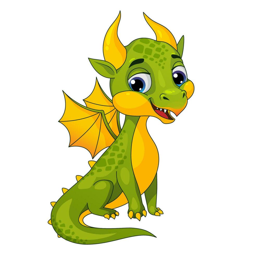 Cute little green dragon, cartoon vector illustration