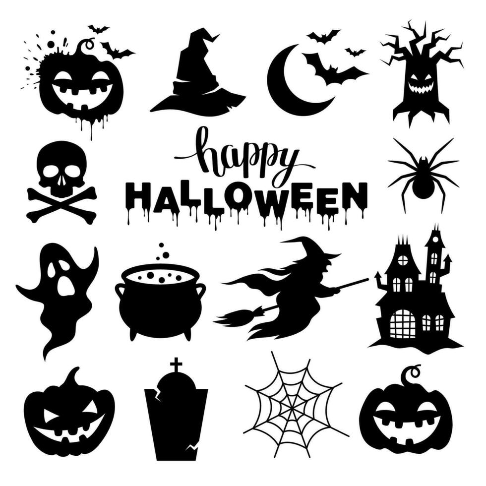 Set of Halloween silhouettes on white background. Vector illustration