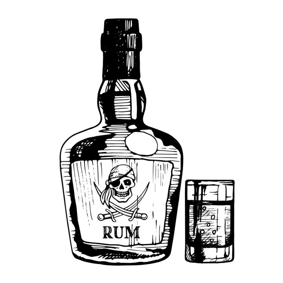 Rum bottle with pirate on the label, and glass. Vector hand drawn illustration, ink sketch