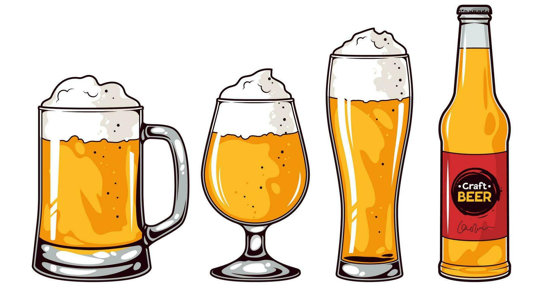 Beer mug, glasses and bottle. Vector illustration on white background