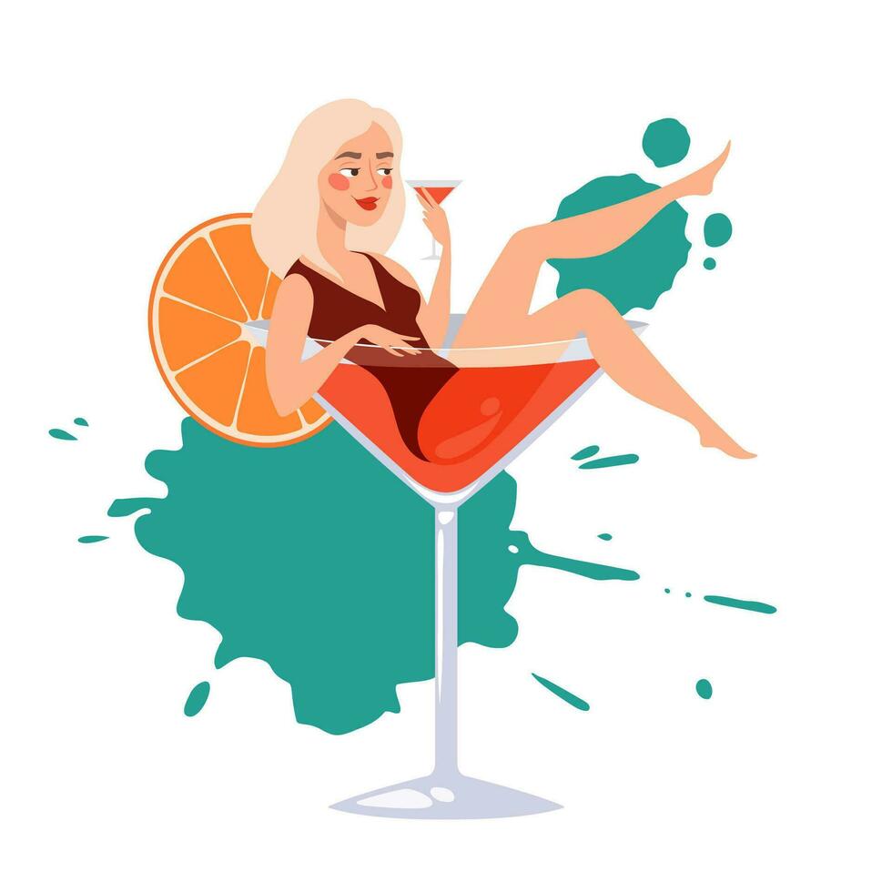 Cocktail party illustration with girl lying in a big martini glass and drinking alcohol vector