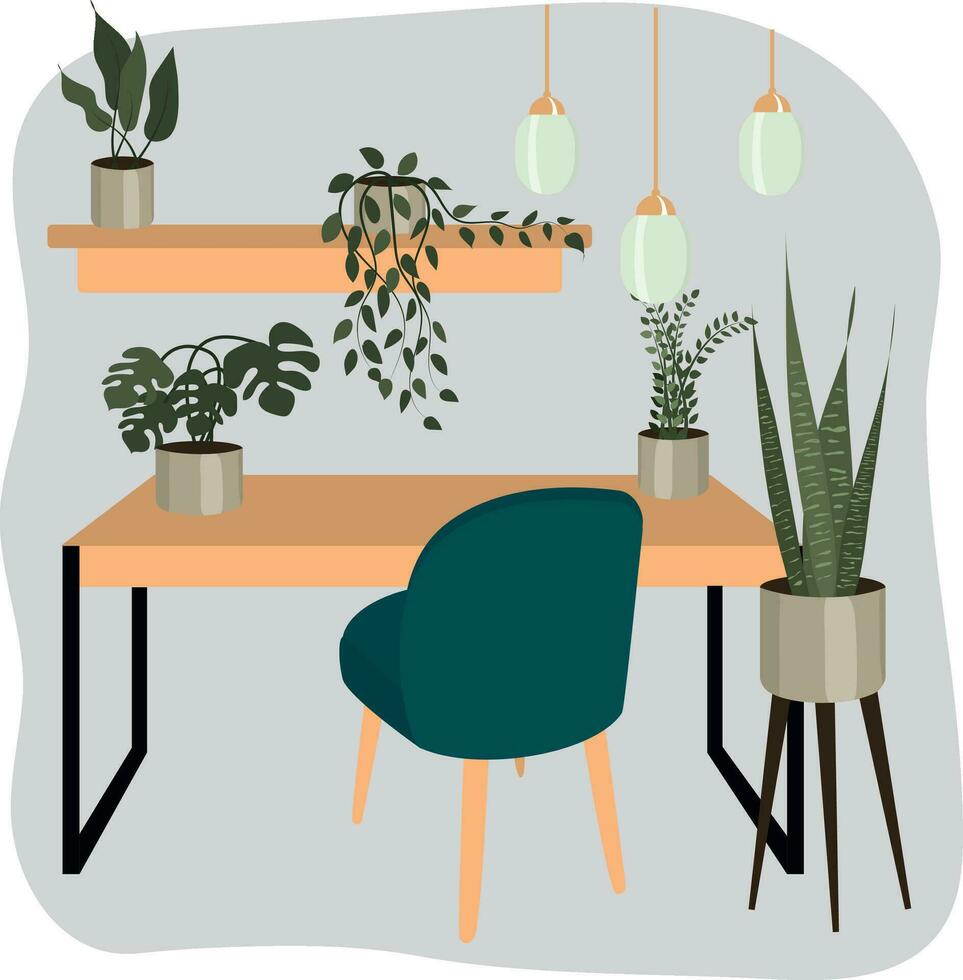 Workplace at home. Table and chair. High quality vector illustration.