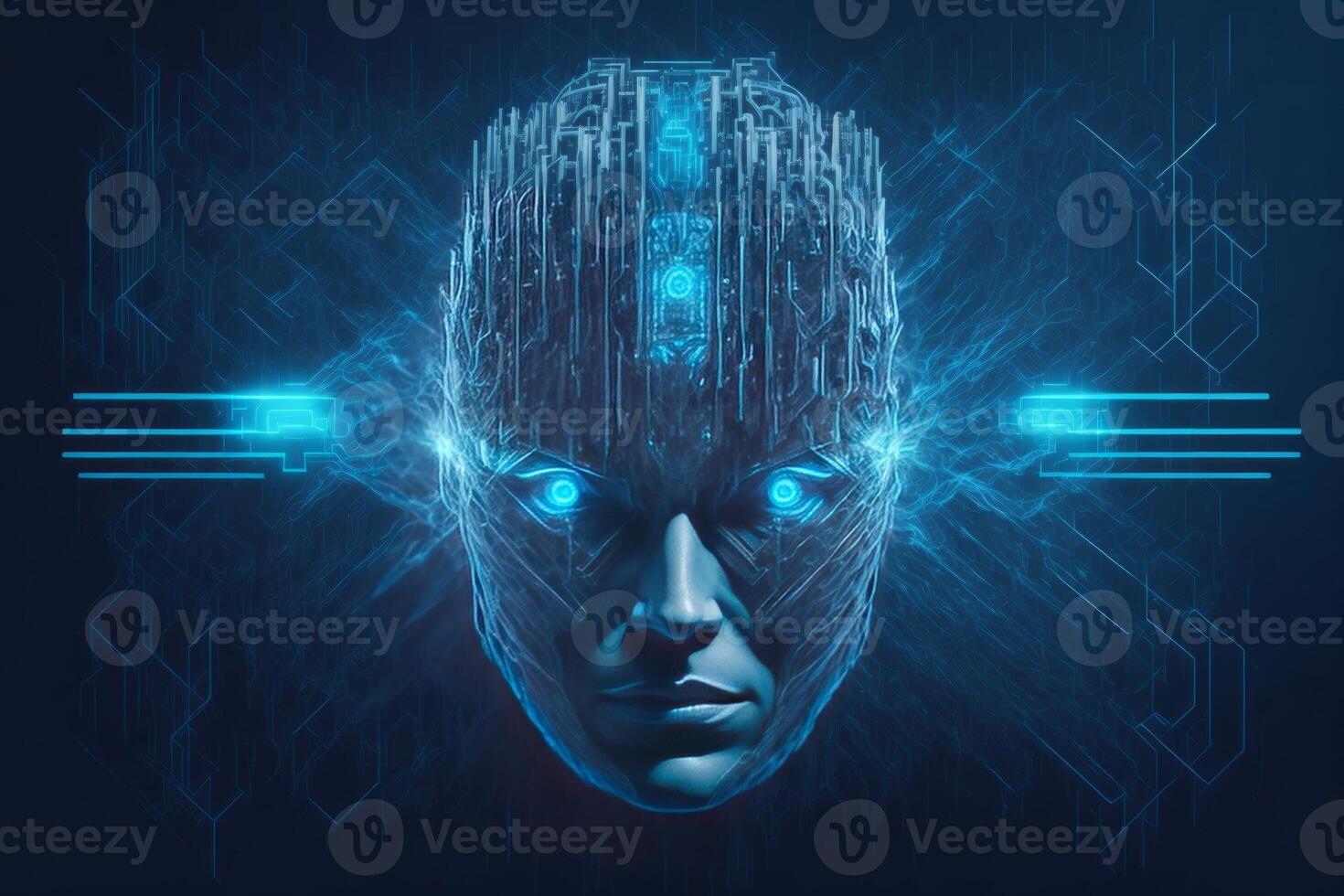 Futuristic cyborg head front view. 3D rendering. photo