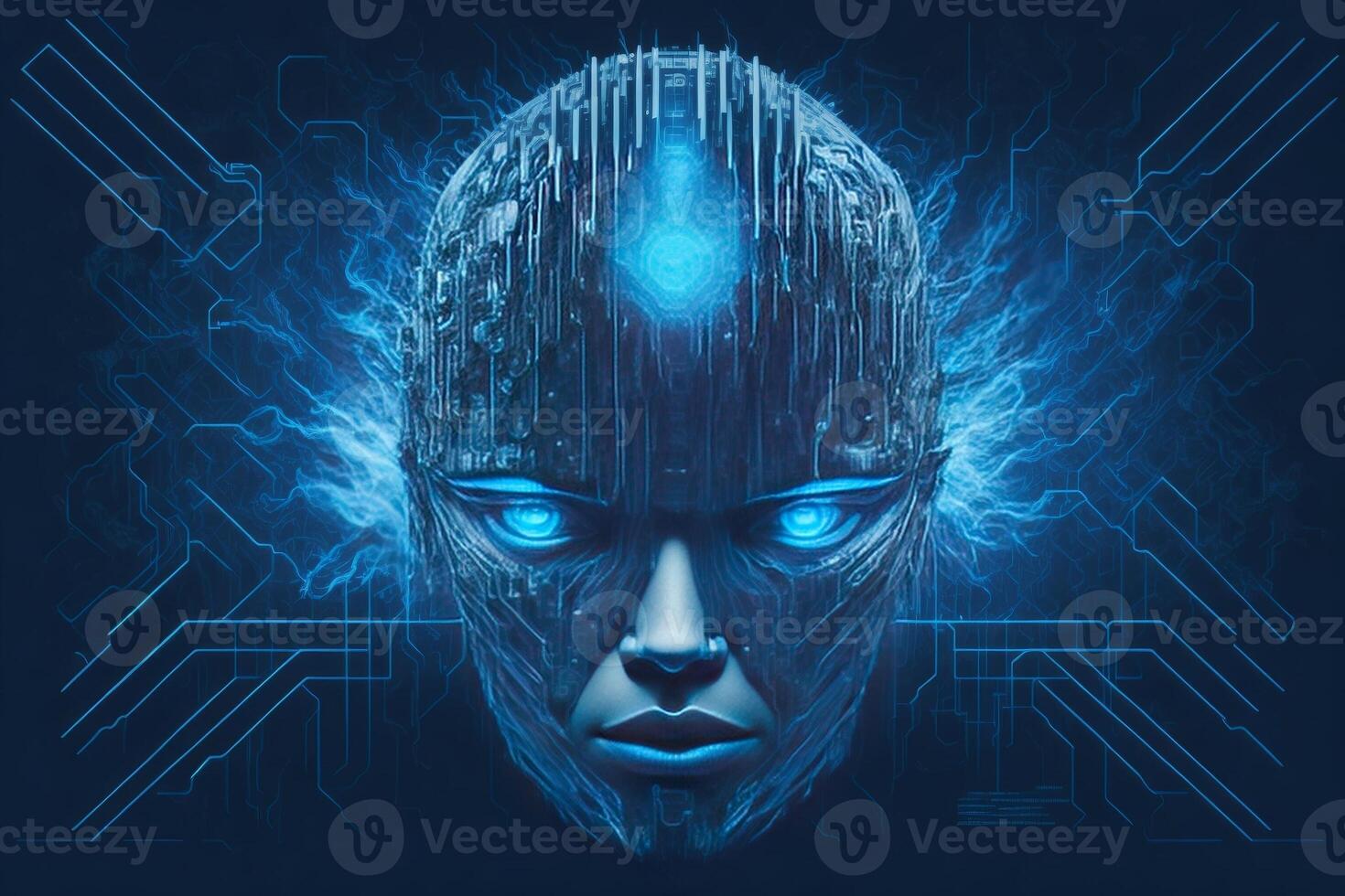 Futuristic cyborg head front view. 3D rendering. photo