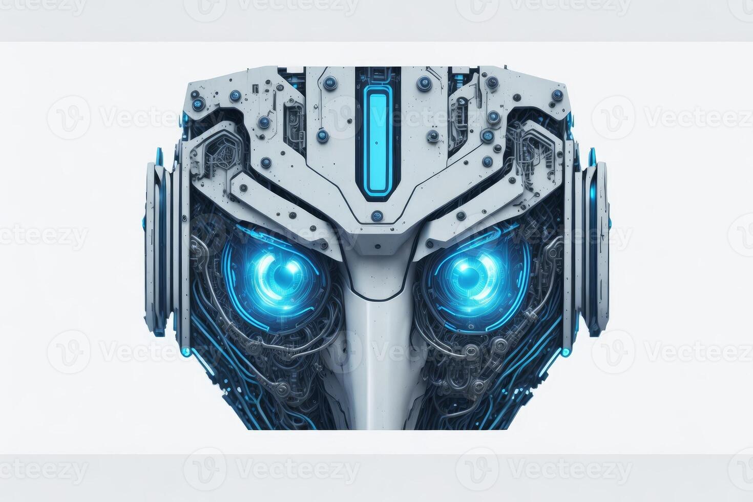 Futuristic cyborg head front view. 3D rendering. photo