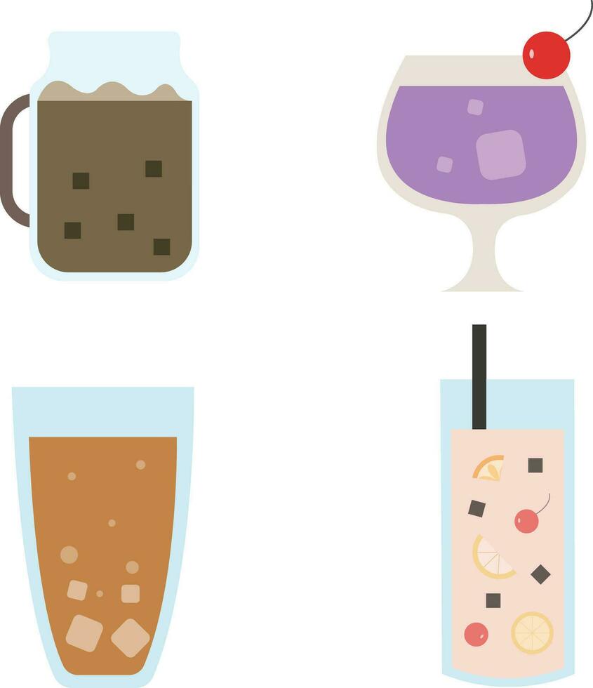 Fresh Drink. Beverages. Soda, juice, water, milk etc. Can, bottle, cup, glass. Isolated icons, objects on a transparent background. Vector Illustration