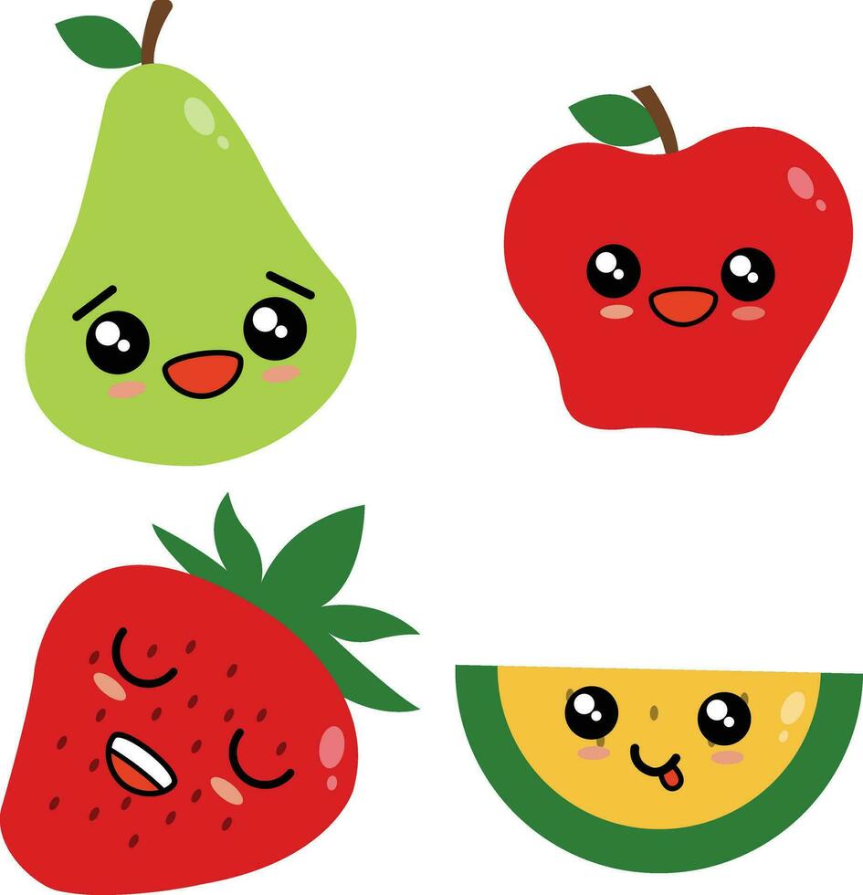 Cute Fruit, Happy cute set of smiling fruit faces. Vector set of flat cartoon illustration icons.For design decoration illustration
