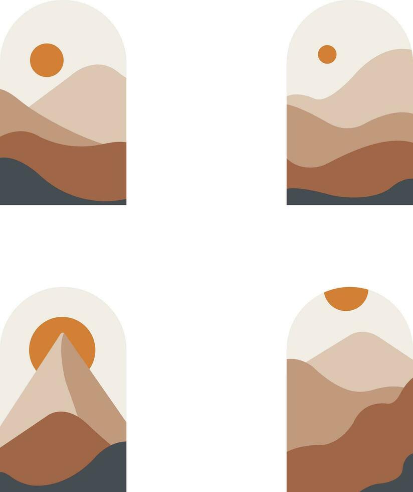 Boho Mountain Landscape. Modern boho backdrop set with sun moon mountains, minimalist wall decor.Vector pro vector