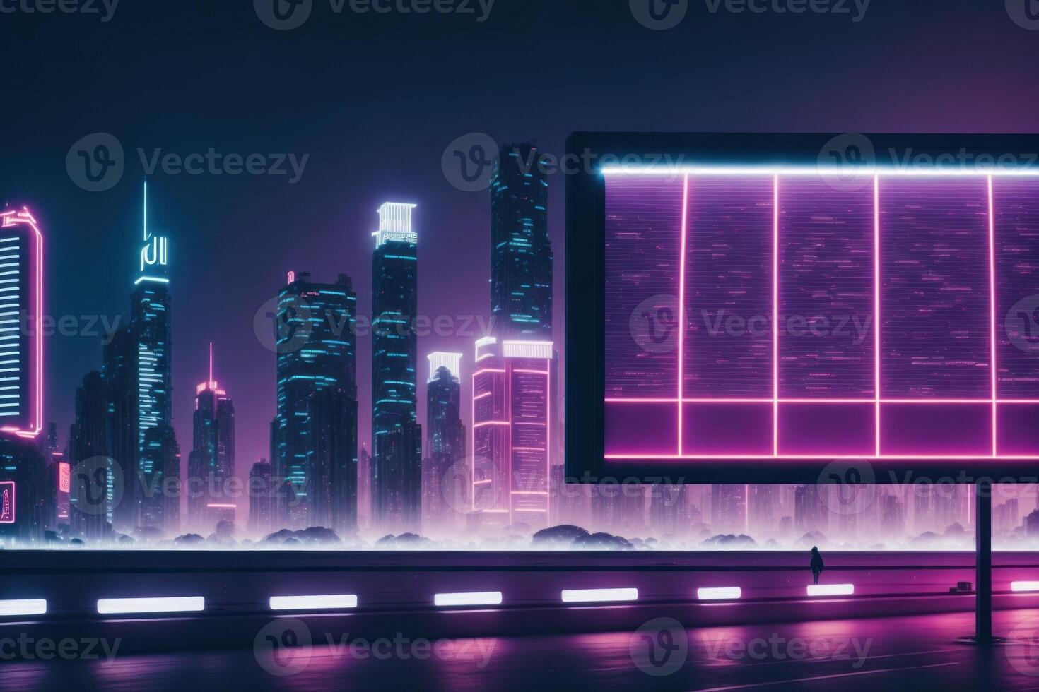Blank billboard on the road with night cityscape and light trails. . photo