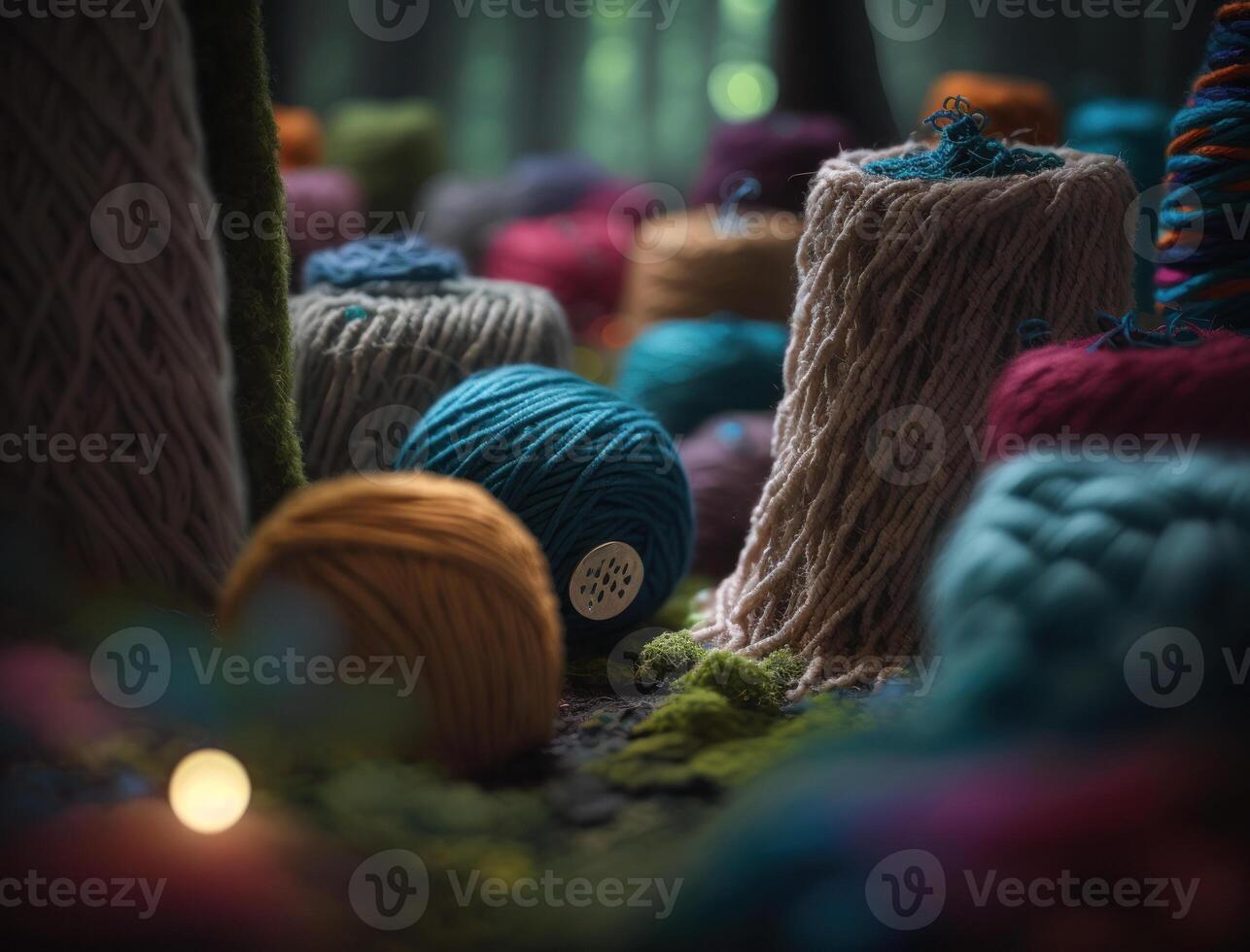 Multicolored forest made by wool yarn fabrics Created with technology photo