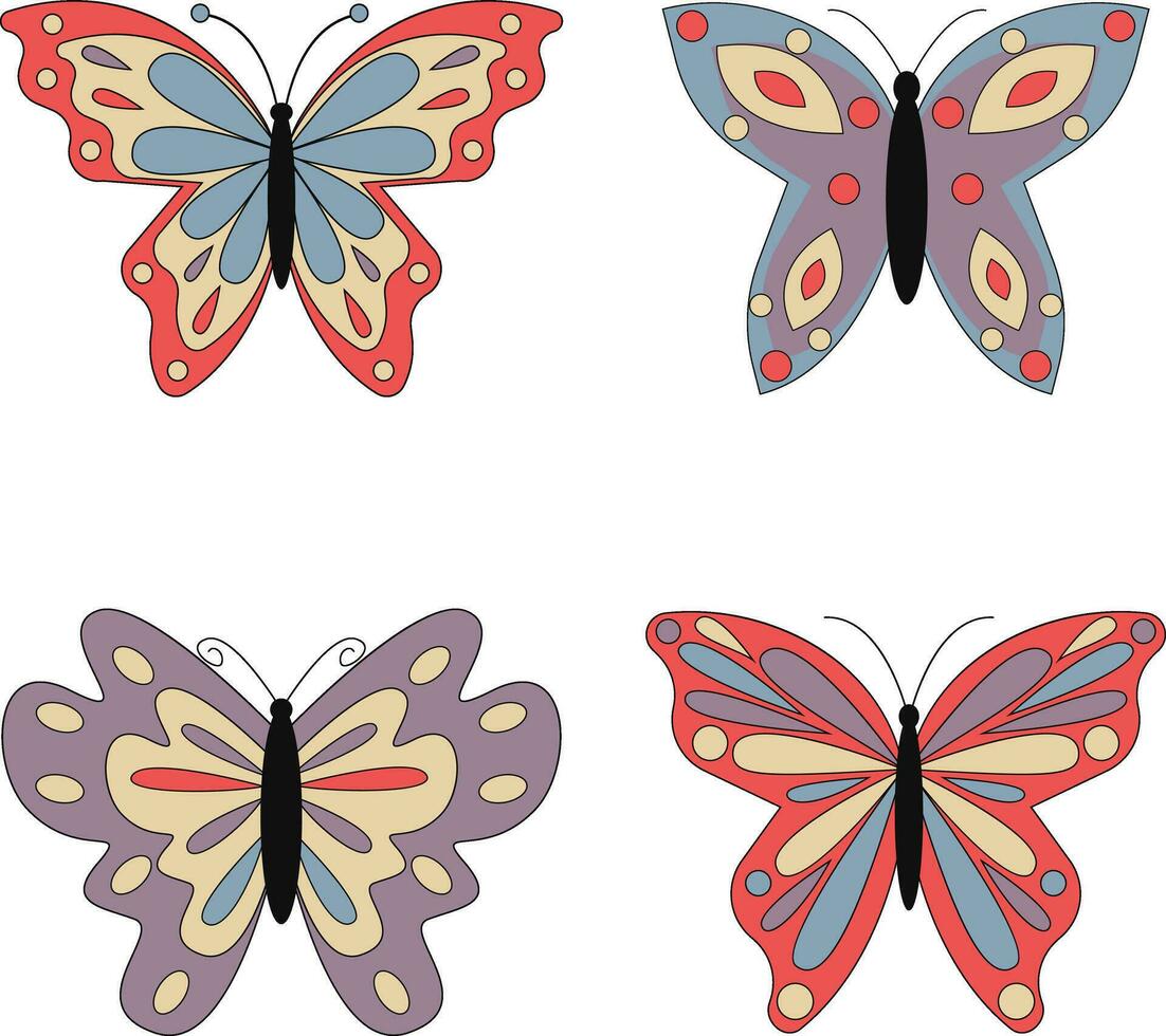 retro mariposa. hippie 60s 70s elementos. floral romántico firmar y símbolos en de moda linda retro estilo.vector ilustración vector