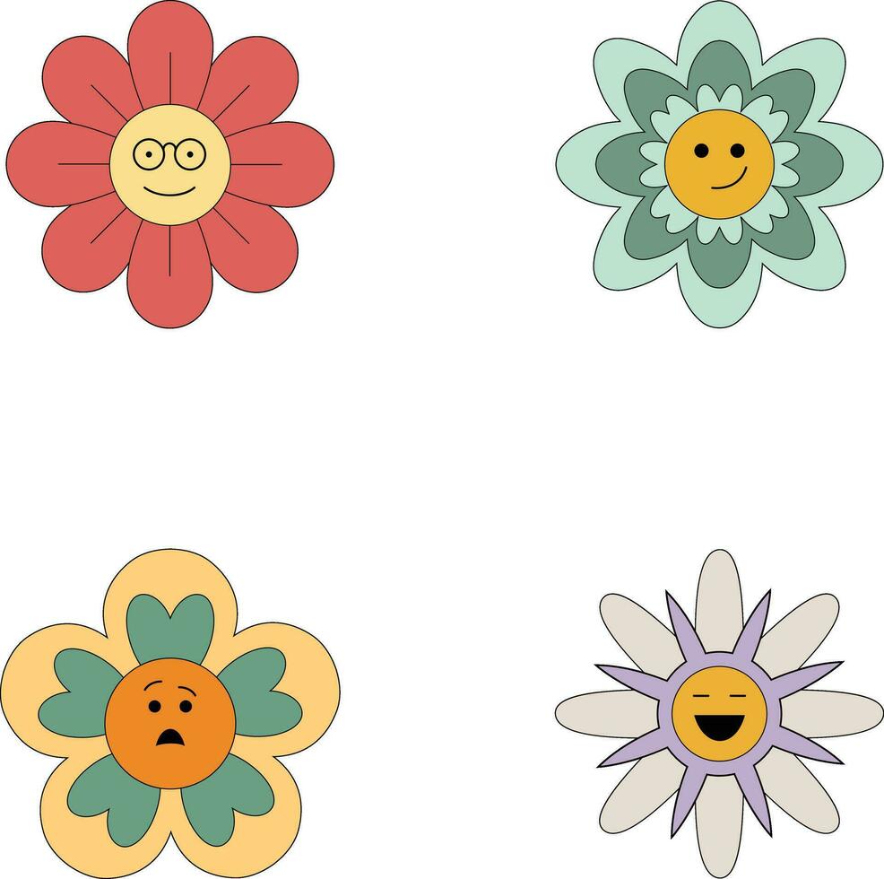 Groovy flower retro. Funny happy daisy with eyes and smile. Isolated vector illustration. Hippie 60s, 70s style.Vector pro