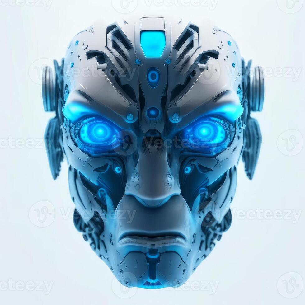 Futuristic cyborg head front view. 3D rendering. photo