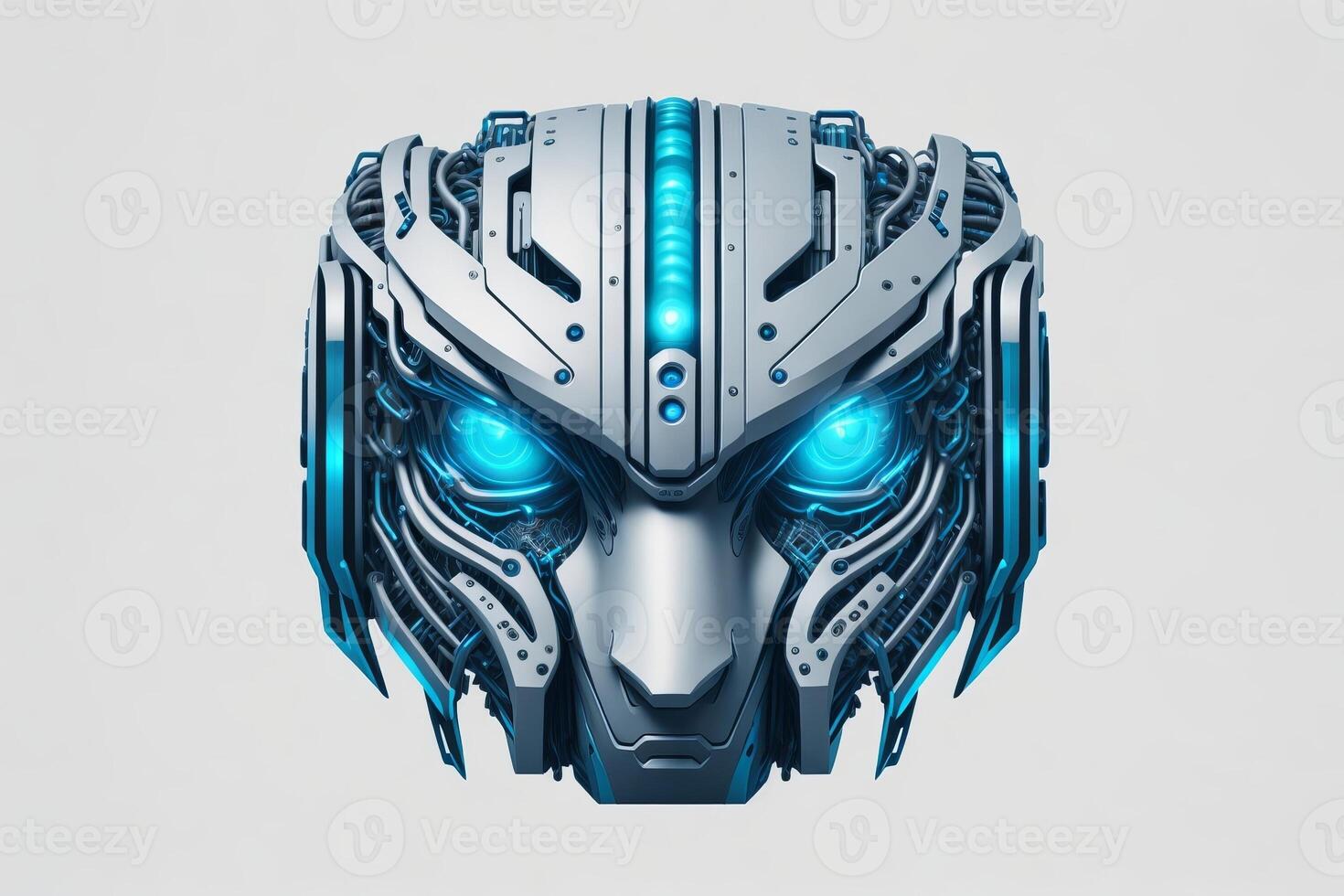 Futuristic cyborg head front view. 3D rendering. photo