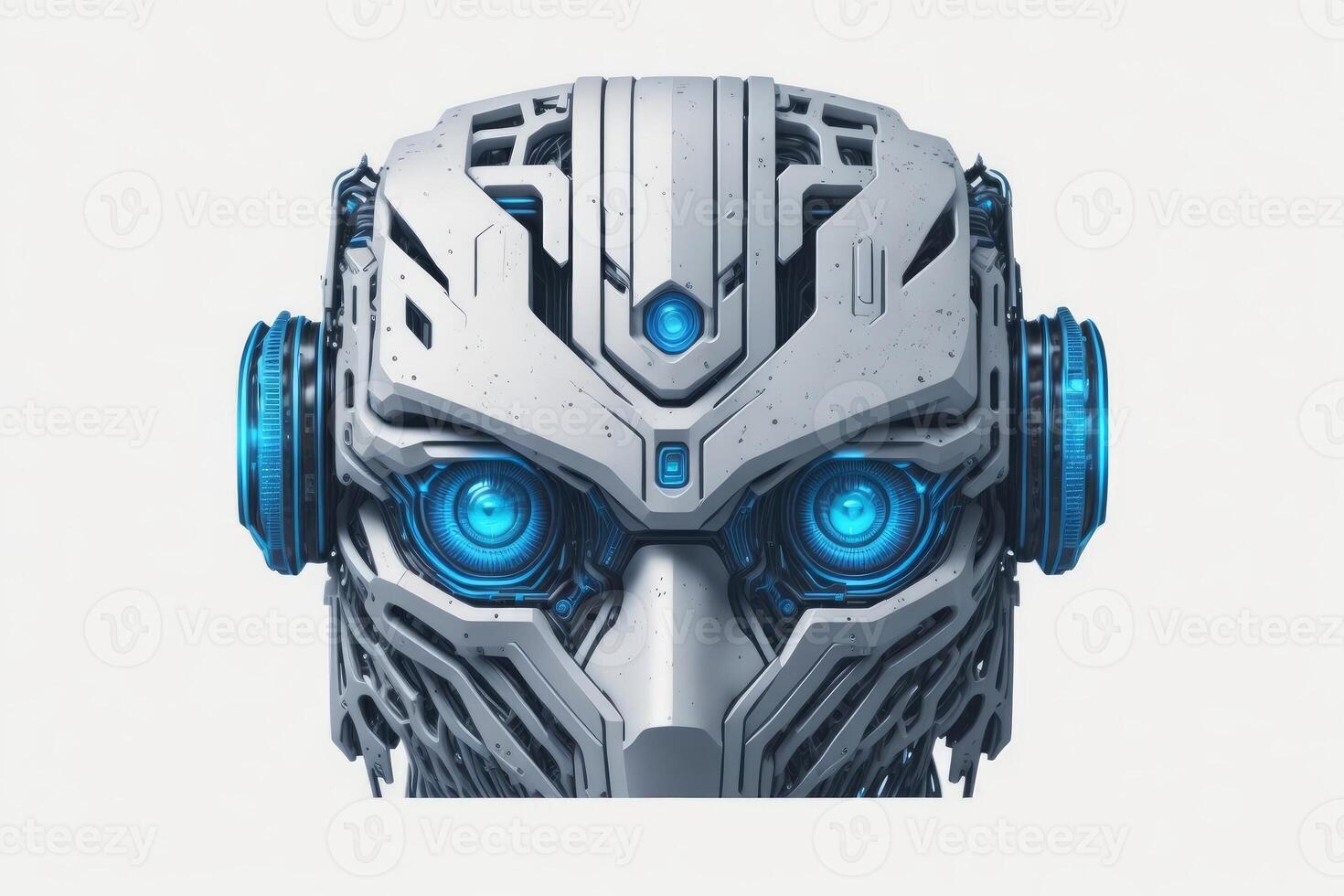Futuristic cyborg head front view. 3D rendering. photo