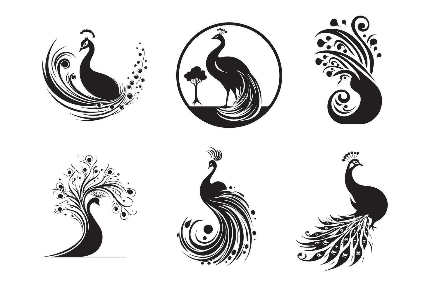 Set of peacock silhouette characters with vector illustration