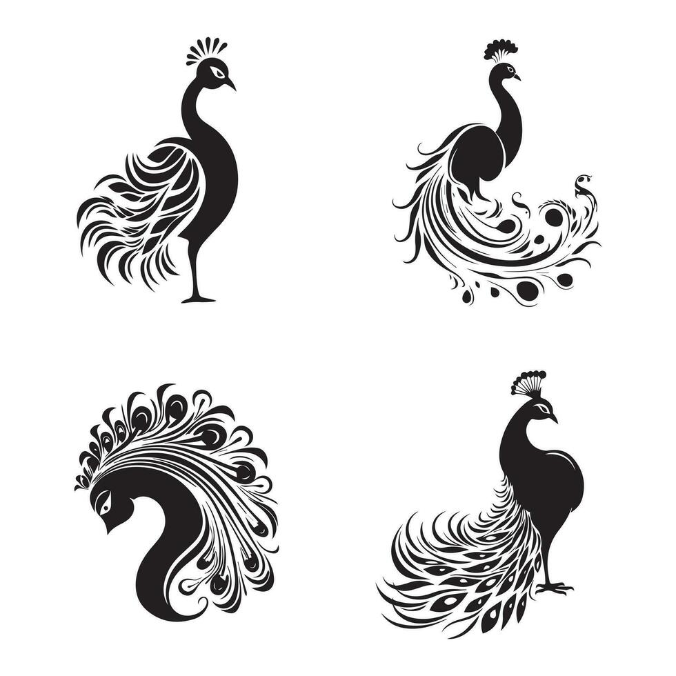 conjunto de pavo real silueta caracteres con vector ilustración