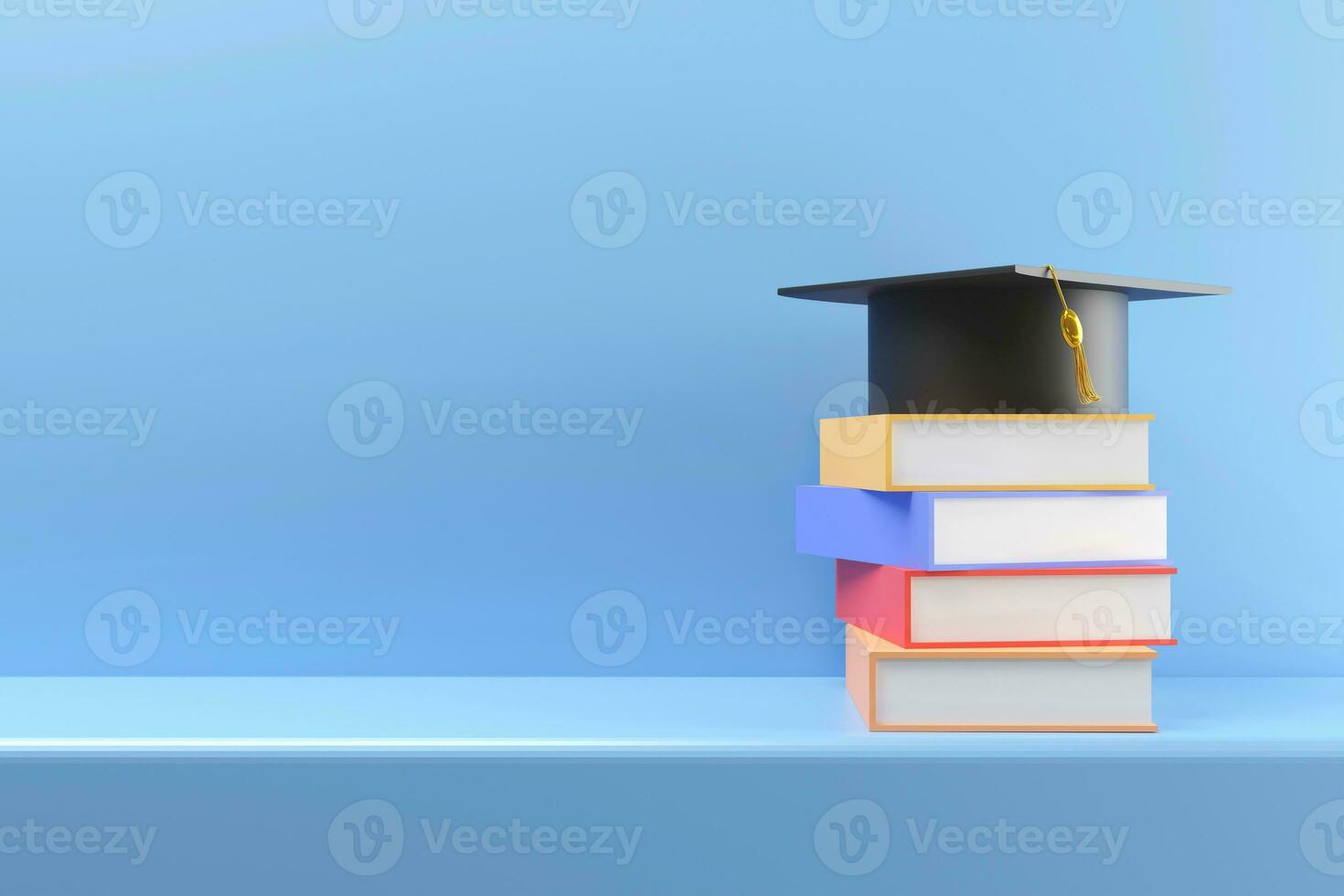 Graduation cap on books. Concepts of education, curriculum, knowledge, and future educational experiences. photo