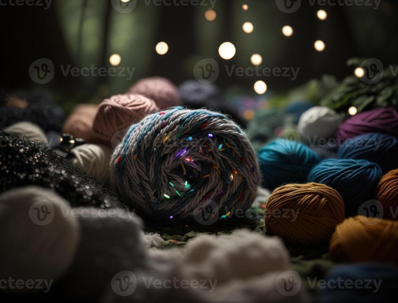 Multicolored forest made by wool yarn fabrics Created with technology photo