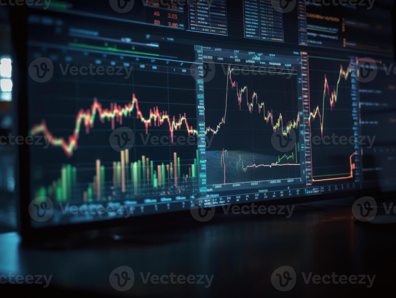 Traders workplace Financial instruments with various type of indicators on screens Created with technology photo