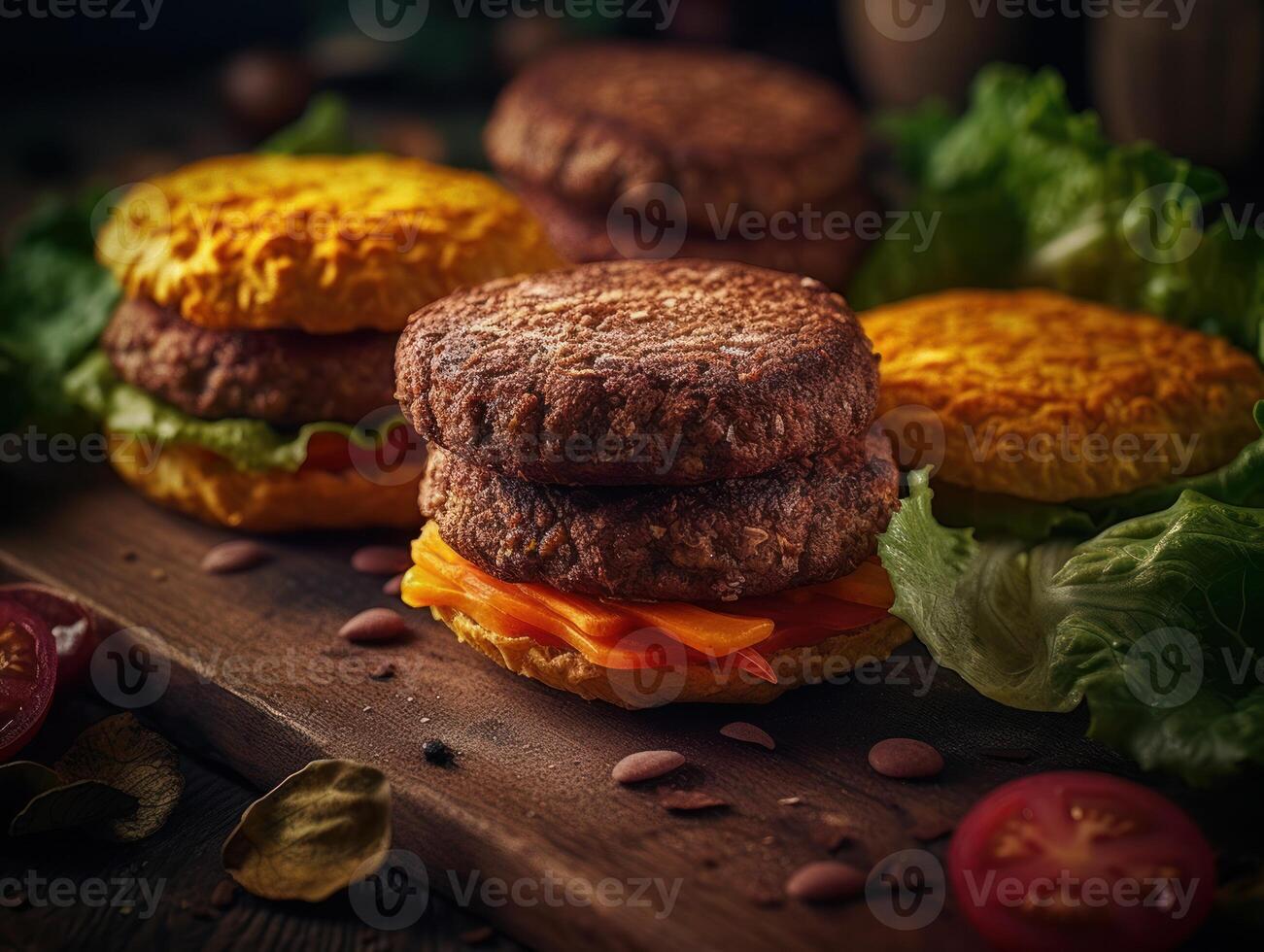 Grilled meat burger patties with vegetables created with technology. photo