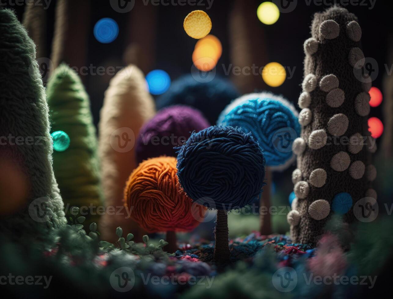 Multicolored forest made by wool yarn fabrics Created with technology photo