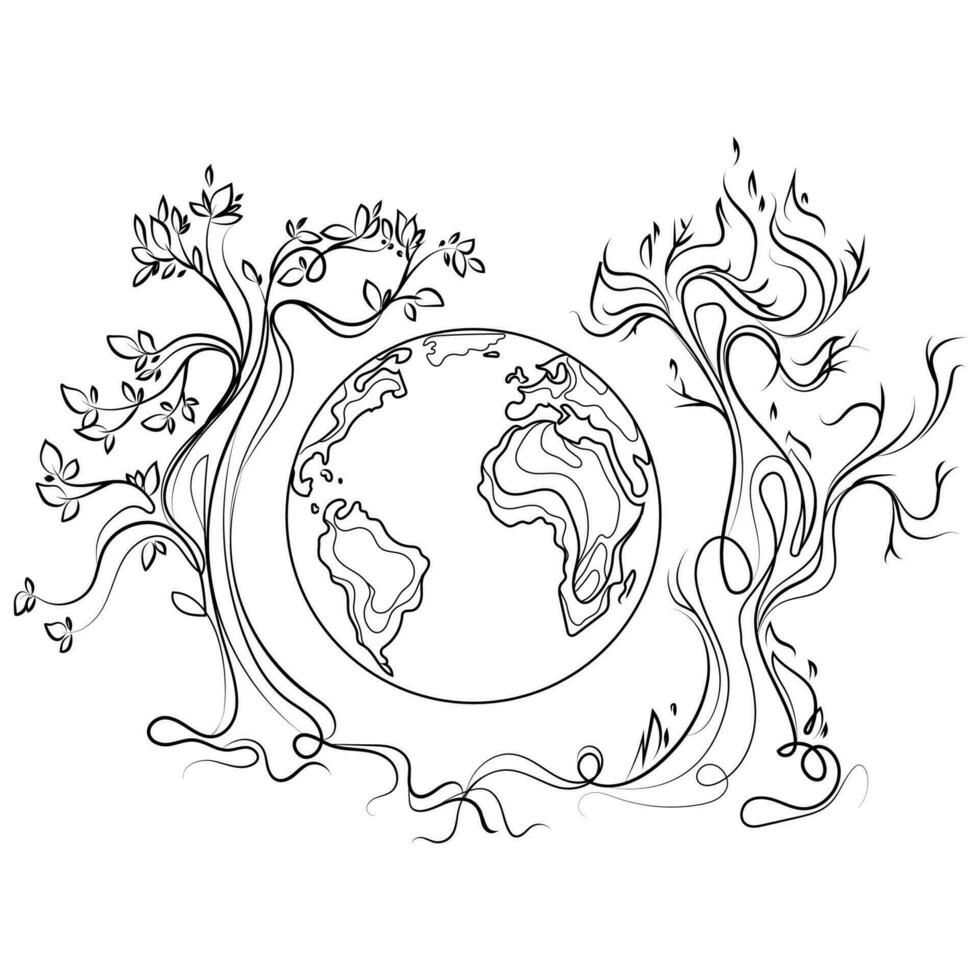 Global warming and climate change concept.Two trees Alive with leaves and dead dry with Pranet earth in the middle.Global warming stylized vector symbol.Ecology and environment concept sketch drawing