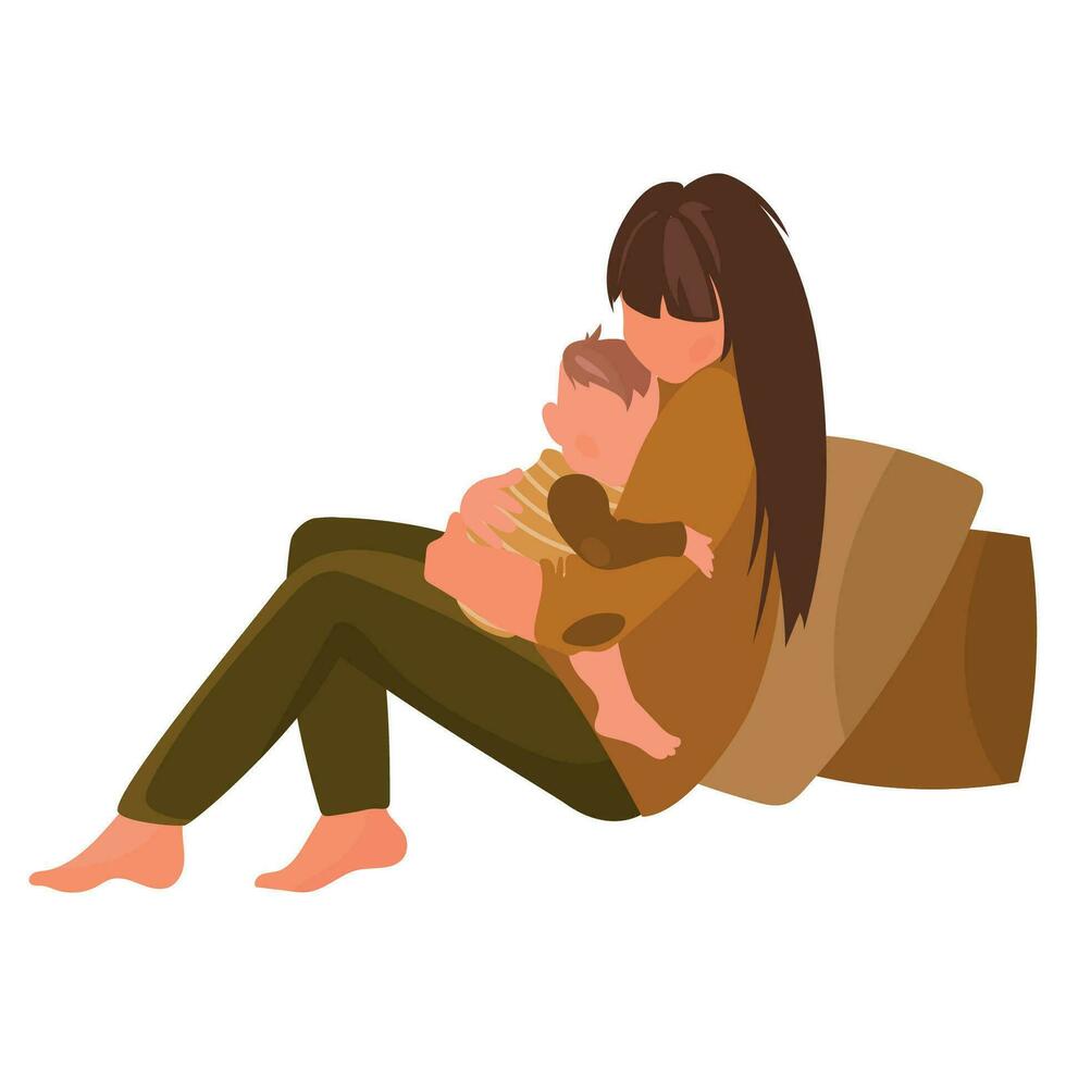 joven mujer madre participación un pequeño niño en su brazos abrazando él.vector ilustración en un plano estilo.mamá y bebé sencillo moderno ilustración aislado en blanco antecedentes vector