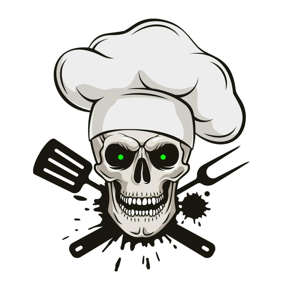 Grinning skull in chef hat with crossed barbecue tools. Cartoon chef skull in hand drawn style. Grill master, grunge vector illustration