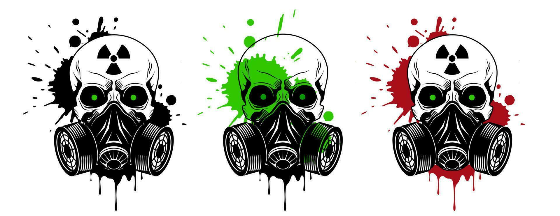 Vector skulls set with gas mask, radiation sign, glowing eyes and paint splashes and drips on white background. Grunge vector illustration