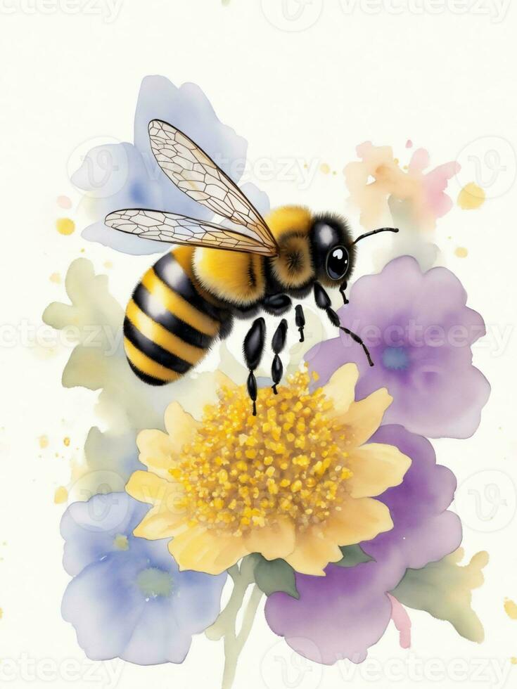 bee on a flower on a white background watercolor graphics photo
