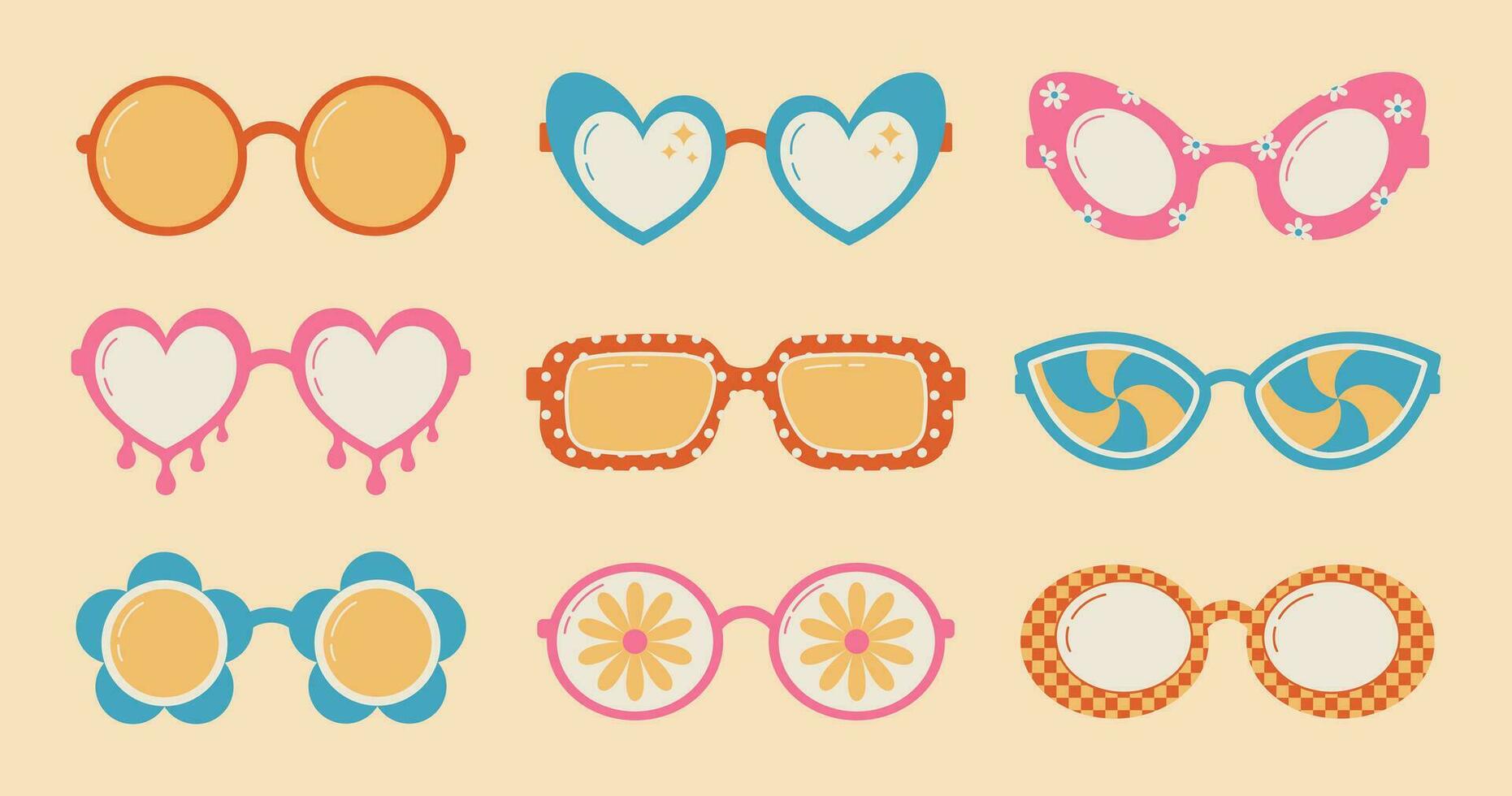 Collection of groovy hippie sunglasses in flat style. Cartoon abstract psychedelic retro glasses. vector