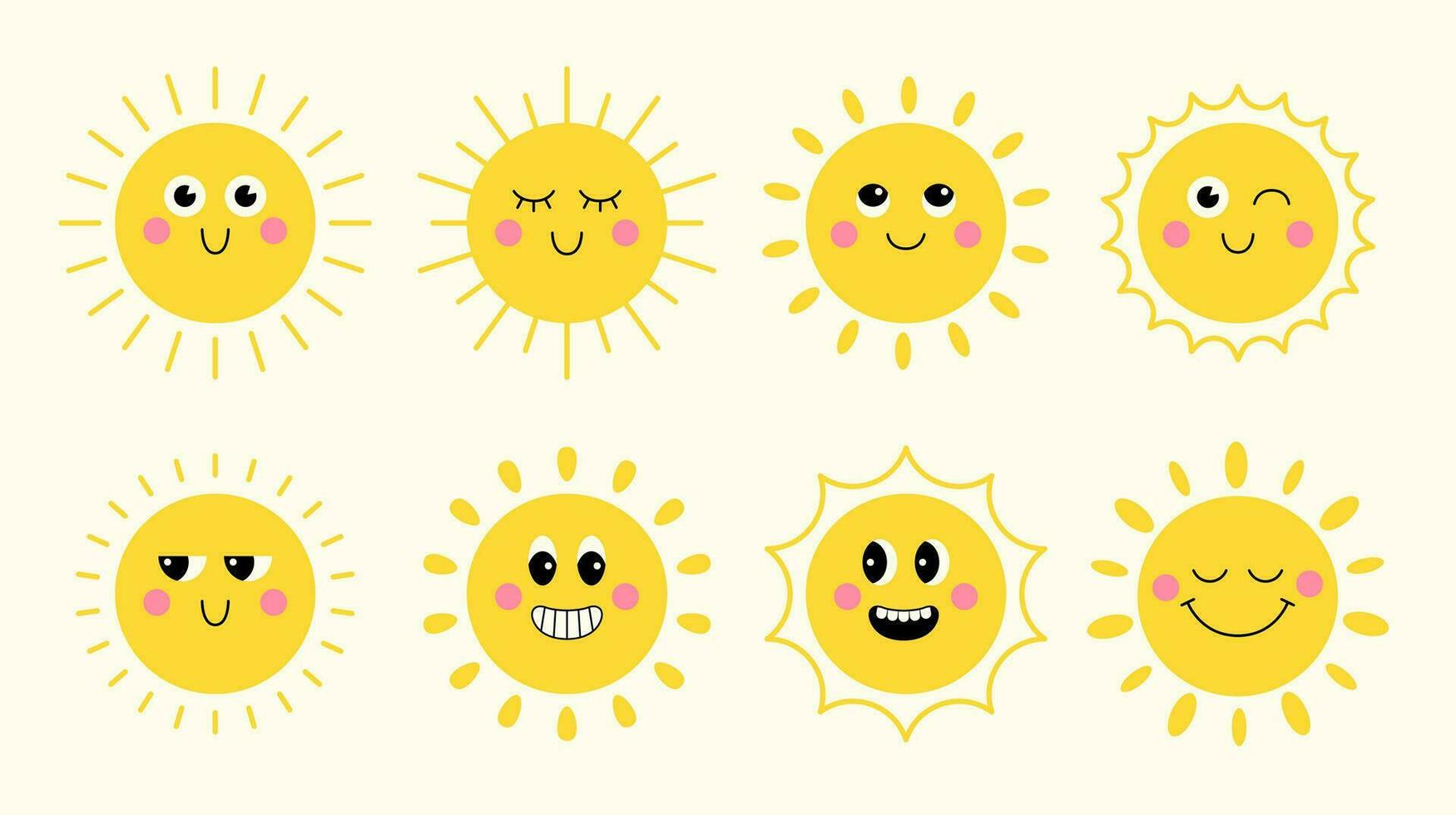 Collection of cute groovy cartoon sun characters. Funny faces with shining light rays in flat style. vector