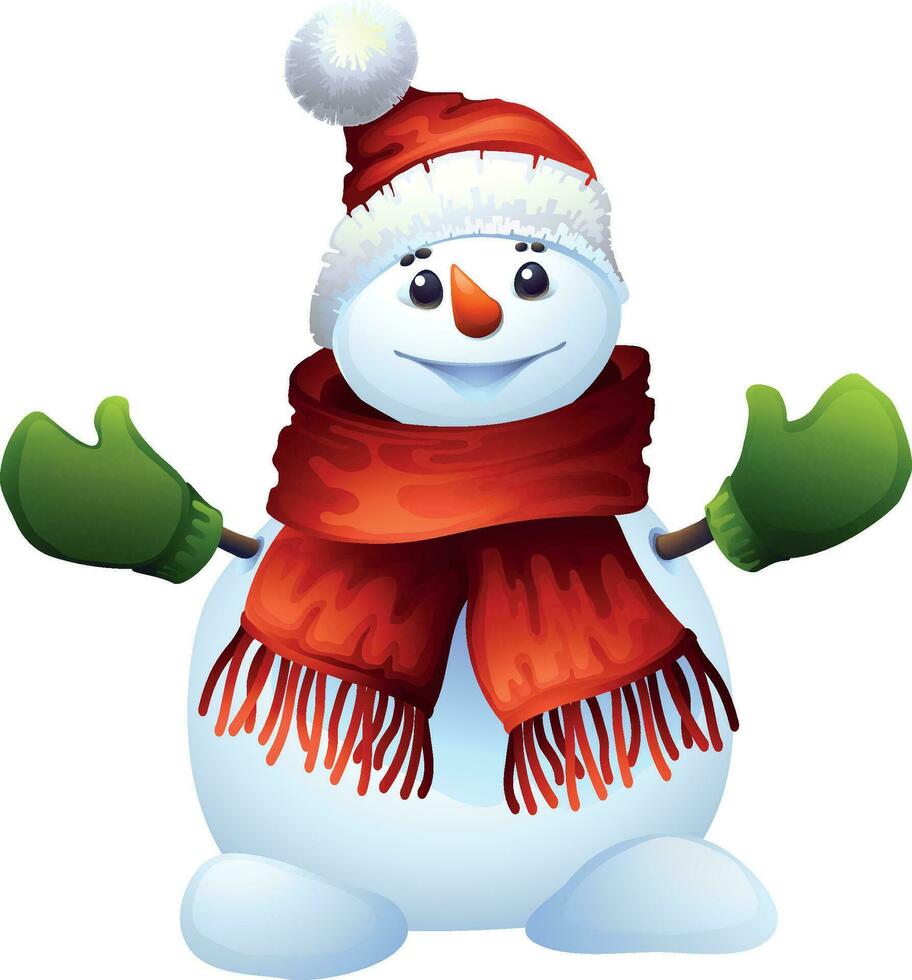 monigote de nieve con un bufanda, guantes y sombrero. vector