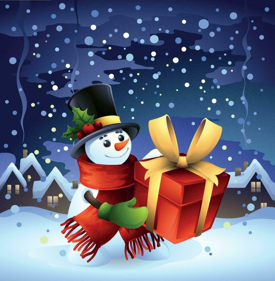 Smilling snowman with gift. vector