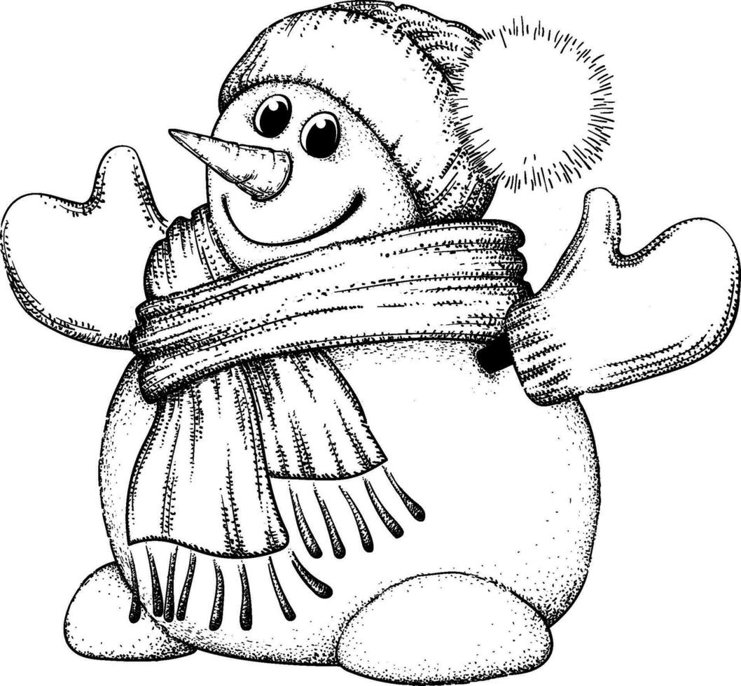 Snowman with a scarf, gloves and hat.Winter icon.Xmas and New Year elements. vector