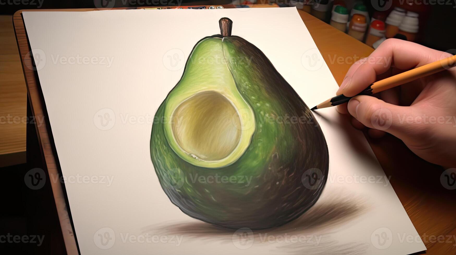 3d Arte presentación imagen de mano dibujo realista aguacate con lápiz. generativo ai. foto