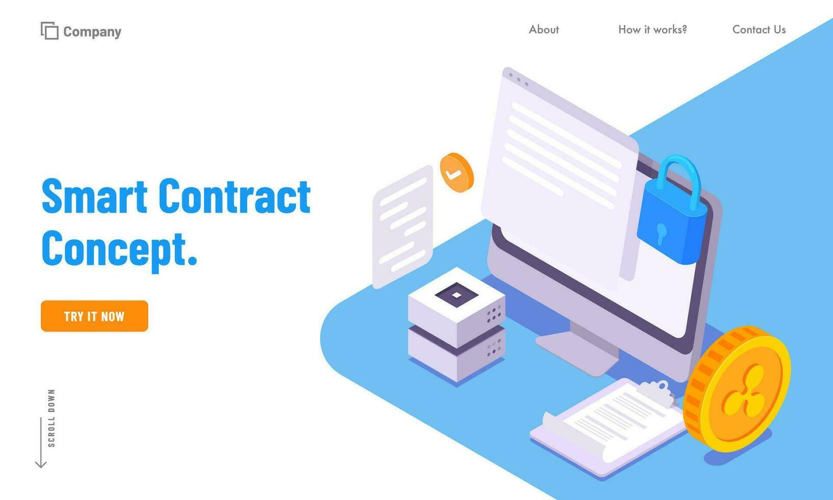 Smart Contract Concept Based Landing Page Design in Blue and White Color. vector