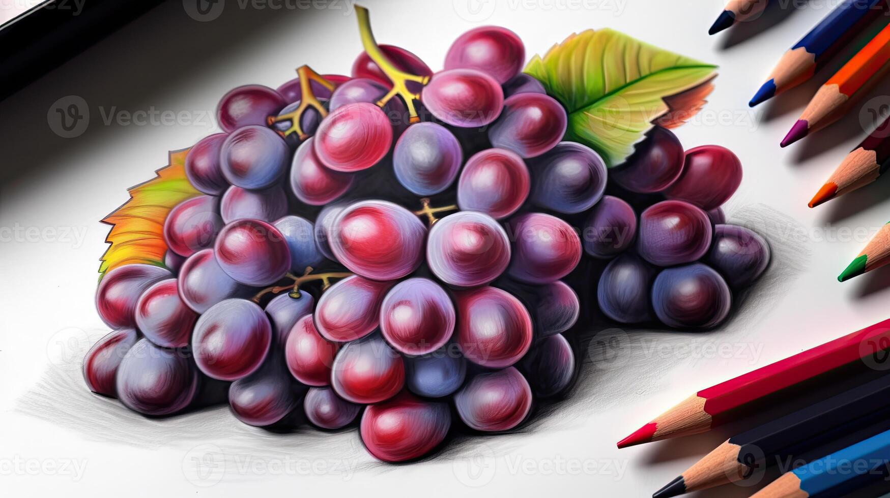 3D Art Image of Realistic Drawing Black Grapes with Pencil Illustration. . photo