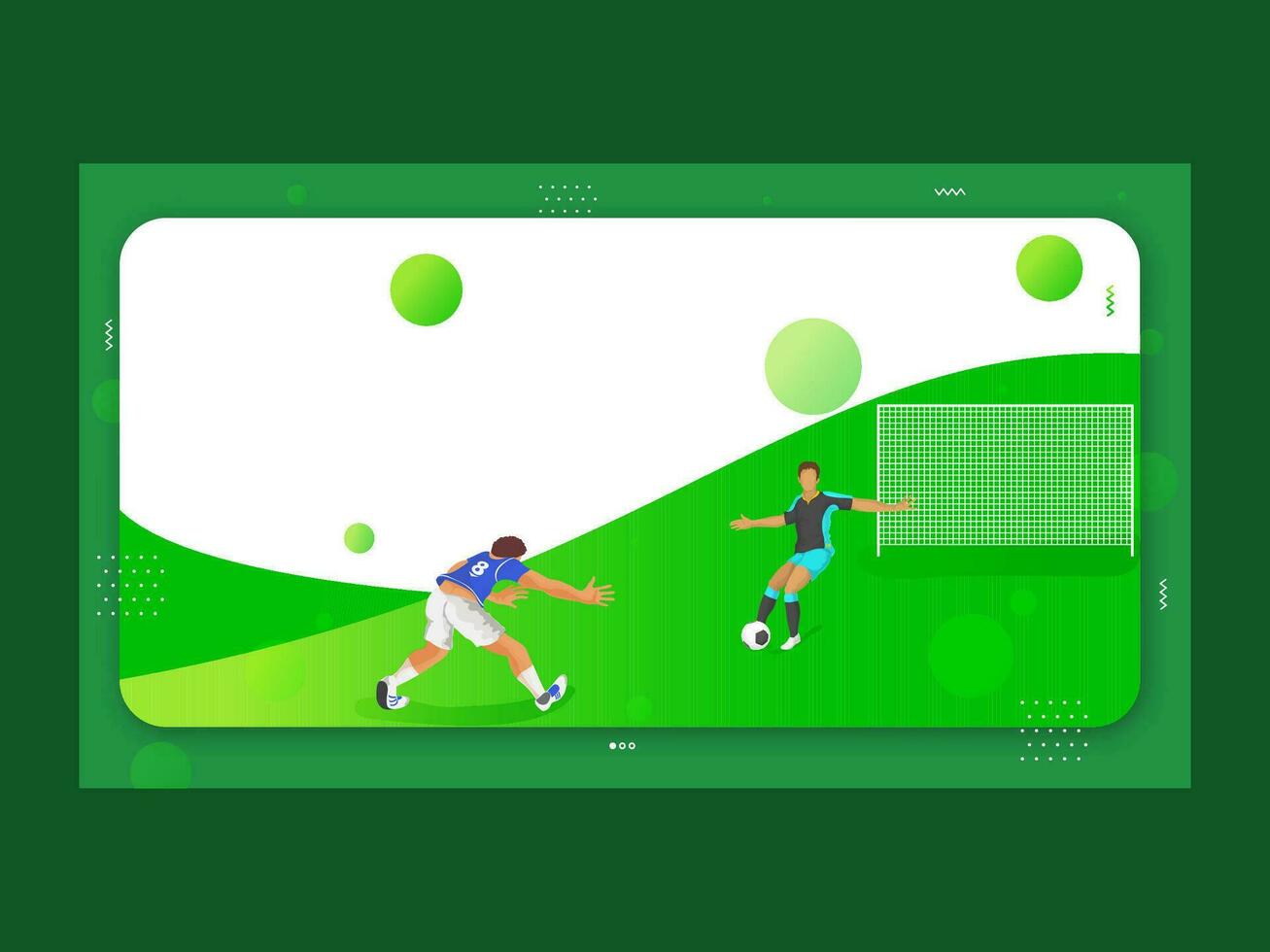 Cartoon Soccer Player Character Playing Football on Green Abstract Sphere Background. Football Game Responsive Template of Poster Design. vector