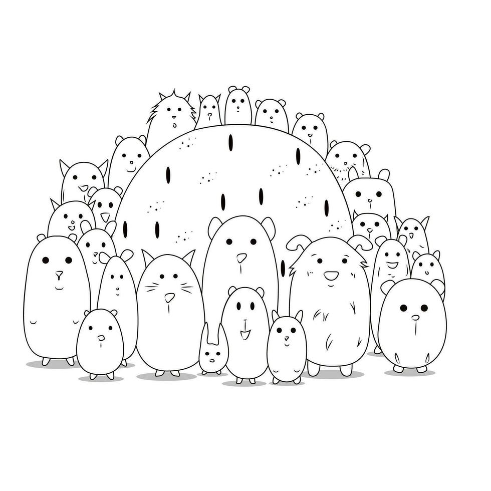 Black and White Animals Standing Surrounding Big Food in Doodle Style. vector