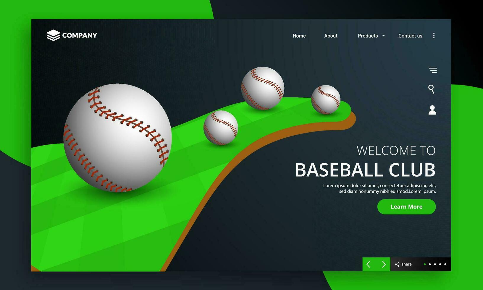 Bienvenido a béisbol club aterrizaje página con de cerca ver de béisbol bolos. vector