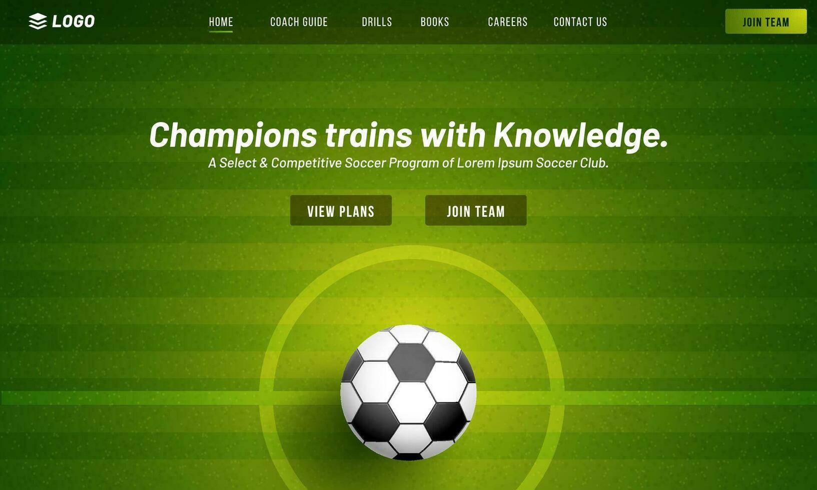 Soccer Champions Trains with Knowledge Game Website or Responsive App Design with Closeup Football on Center Field. vector