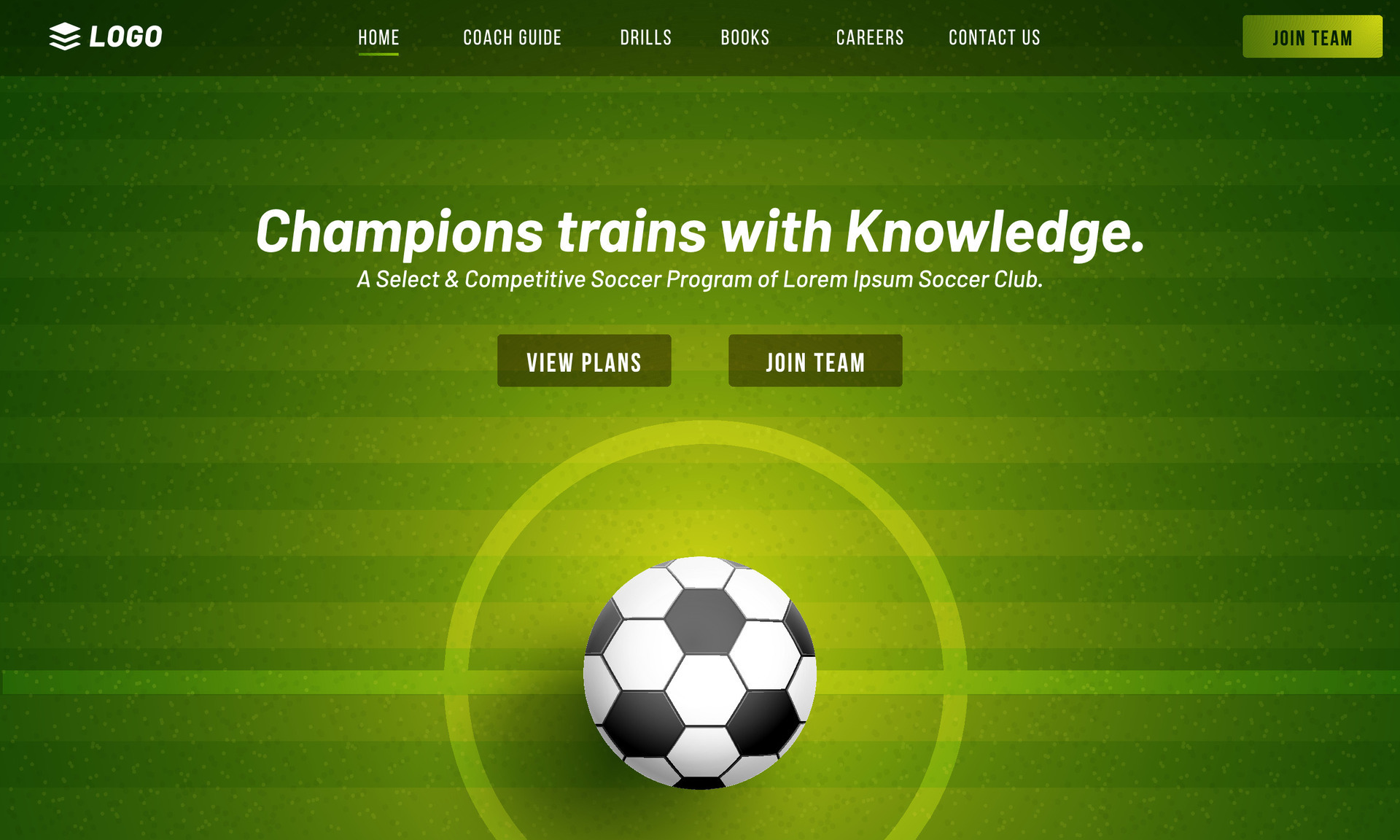 Soccer Champions Trains with Knowledge Game Website or Responsive App Design with Closeup Football on Center Field