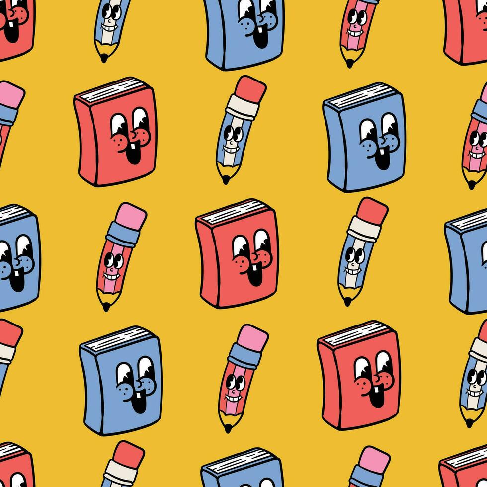 book and pencils vintage cartoon seamless pattern vector