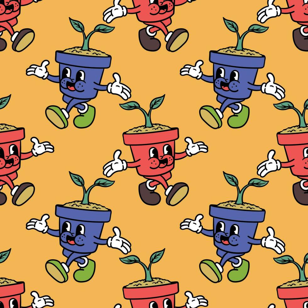 vintage style cartoon character plant pot seamless pattern vector