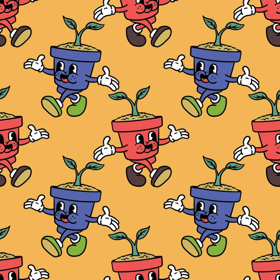 vintage style cartoon character plant pot seamless pattern vector