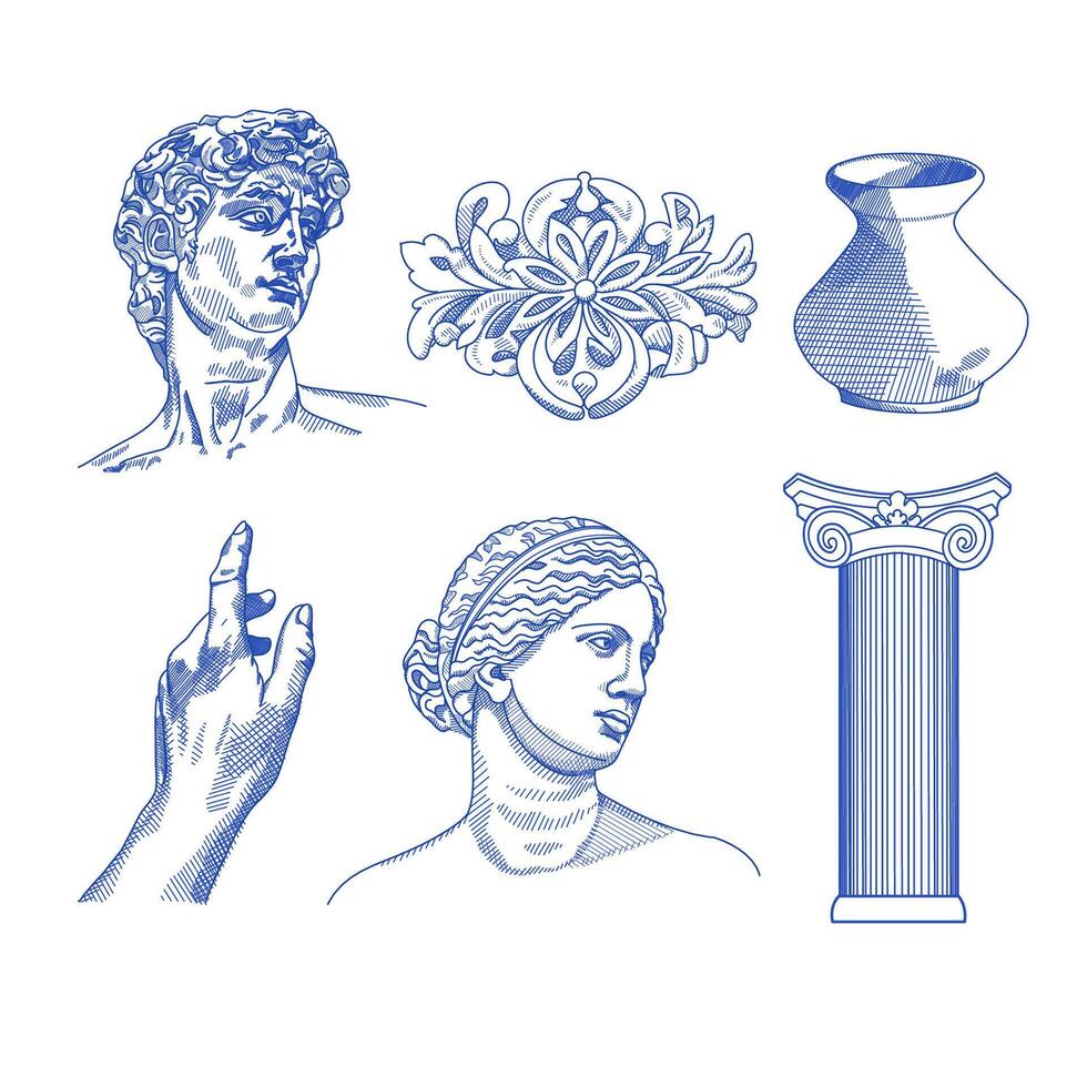 Ancient sketch drawings - statues, bust, pillar, amphora, column. Different objects. Mythical, ancient Greek or roman style. Hand drawn sculpture illustration. Classic statues. Collage art elements vector