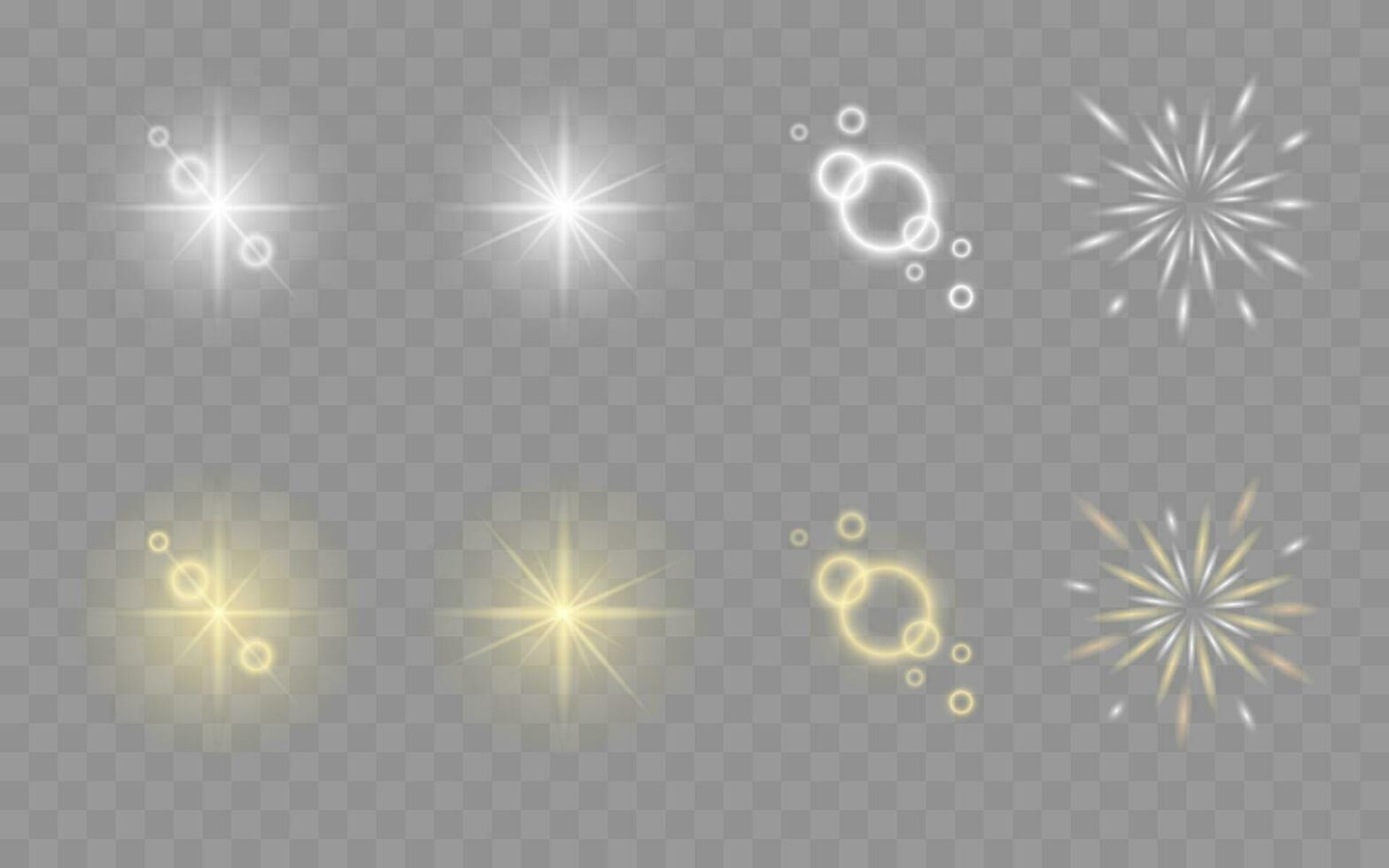 Set of the light, spotlight, starlight elements. Glow isolated white and gold transparent light effect set, explosion, line, sun flash, spark and stars, shiny glints, sunbeams vector