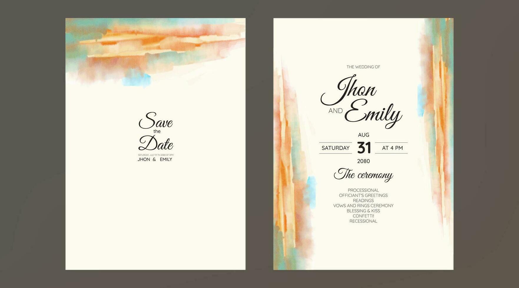 Set of Wedding Invitation, watercolor textures and fake gold splashes for a luxurious touch vector